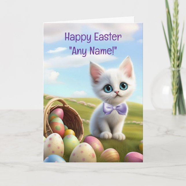Carte Happy Easter Custom Name Cute Kitten (Devant)