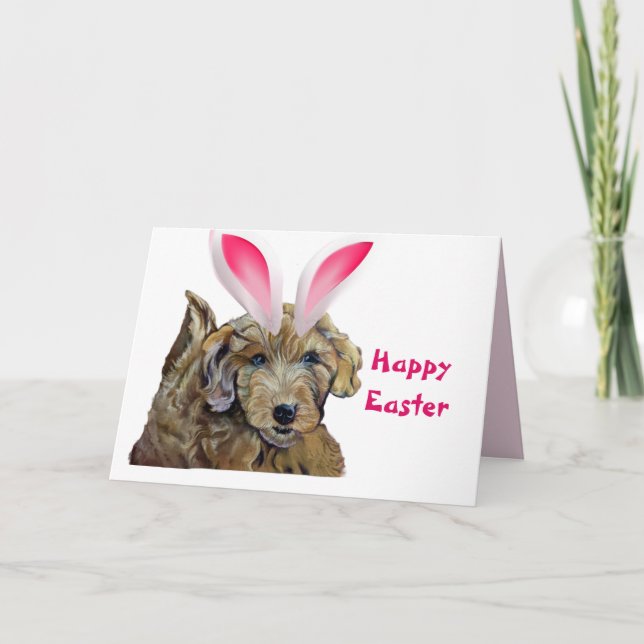 Carte Happy Easter Goldendoodle Furry Rose Bunny Ears (Devant)