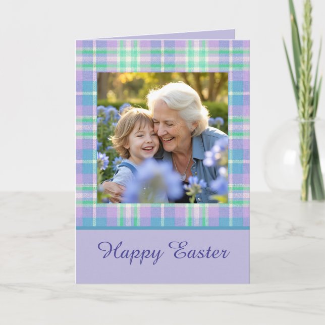 Carte Happy Easter Plaid One Photo Purple Blue Pastel (Devant)
