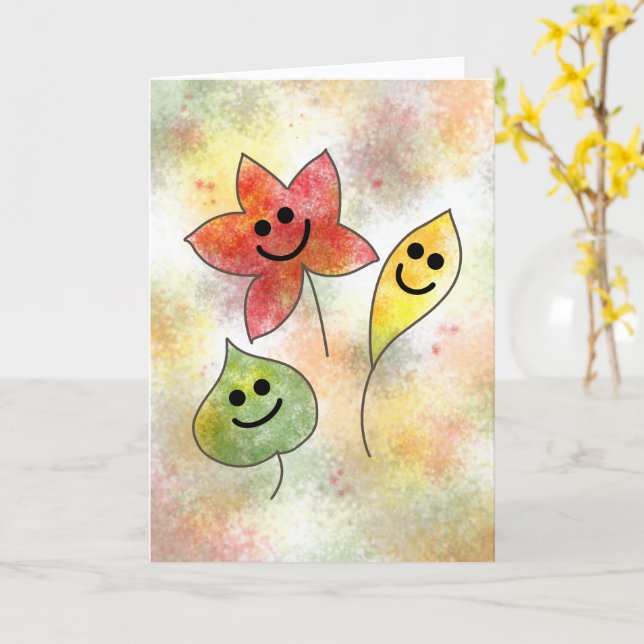 Carte    Happy Fall Card Cute Smiling Autumn Leaves (Fleur jaune)