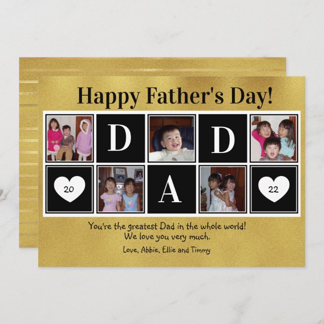 Carte Happy Father's Day 5 Photo Gold Flat Greeting Card (Devant / Derrière)