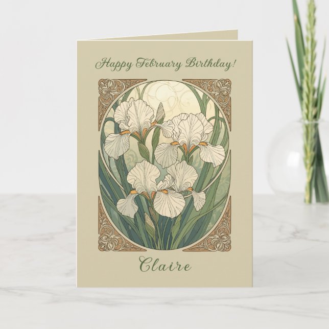 Carte Happy February Birthday Iris Flowers Art Nouveau (Devant)