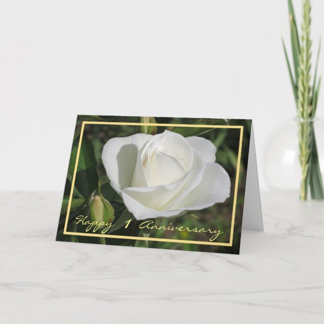 Carte Happy First Anniversary White Rose Elegant Cursive (Devant)