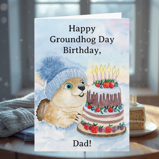 Carte Happy Groundhog Day Birthday Groundhog with Cake (Créateur téléchargé)