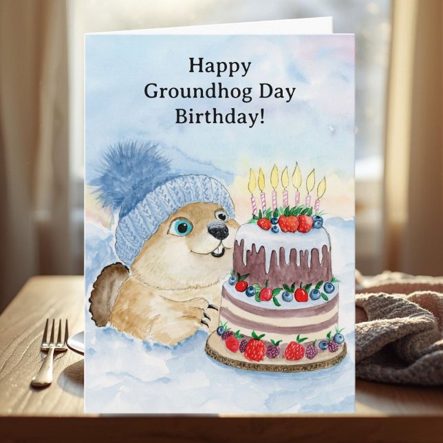 Carte Happy Groundhog Day Birthday Groundhog with Cake (Créateur téléchargé)