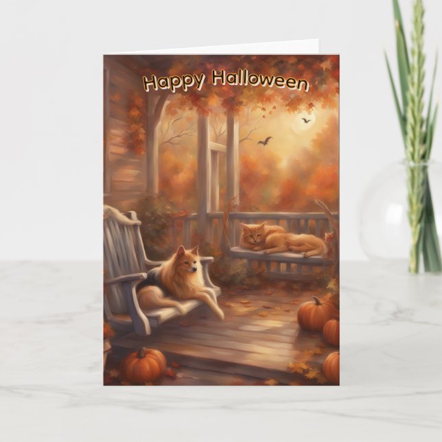 Carte Happy Halloween chat et chien sur le porche avant (Devant)