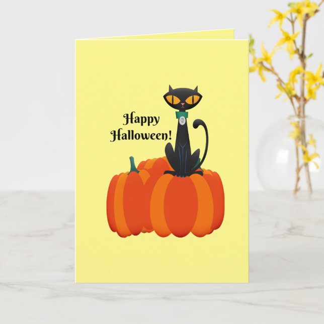 Carte Happy Halloween, chat noir/citrouille, (Fleur jaune)