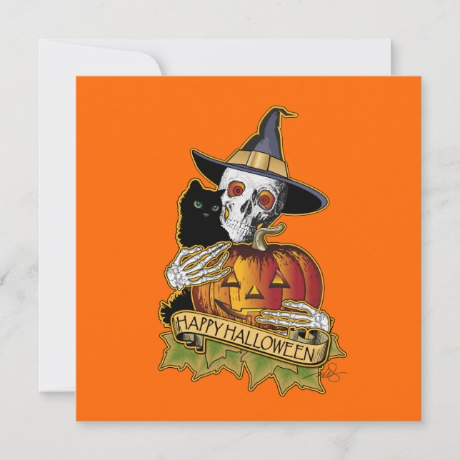 Carte Happy Halloween Chat noir, Crâne et Citrouille (Devant)