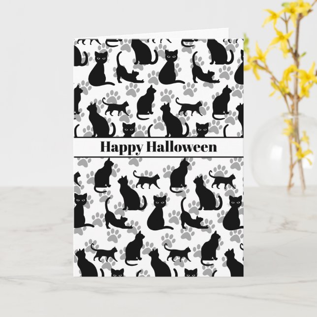 Carte Happy Halloween Chat noir personnalisable (Fleur jaune)