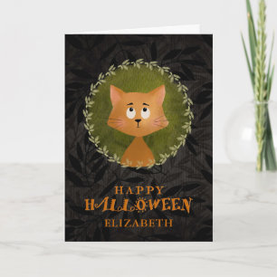 Carte Happy Halloween Custom Name Cute Cat in Wreath Car