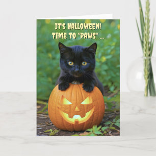Carte Happy Halloween Cute Black Kitten et Citrouille Fu
