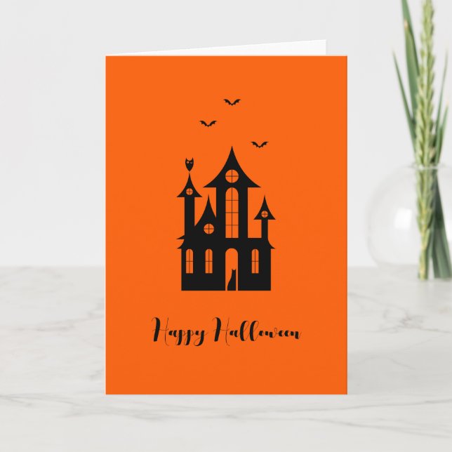 Carte Happy Halloween Éffrayant Haunted House Orange Bla (Devant)