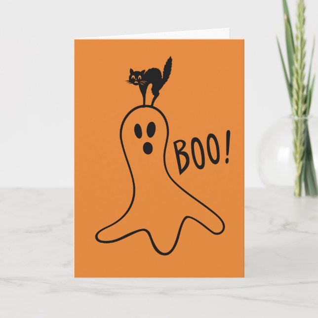 Carte Happy Halloween Ghost Chat noir mignonne Orange (Devant)