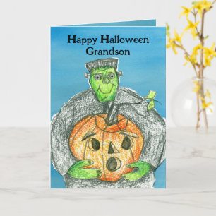 Carte Happy Halloween Grandson Frankenstein Citrouille