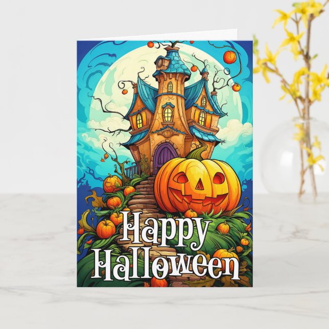 Carte Happy Halloween Haunted Maison & Citrouille (Fleur jaune)