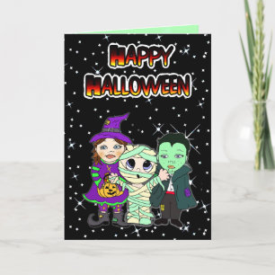 Carte Happy Halloween Kid Witch, maman et Vampire