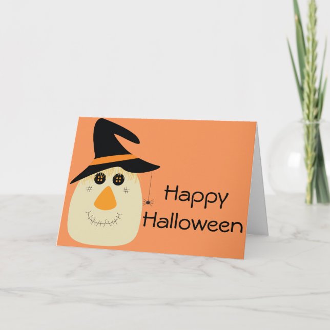 Carte Happy Halloween mignonette Scarecrow et Spider (Devant)