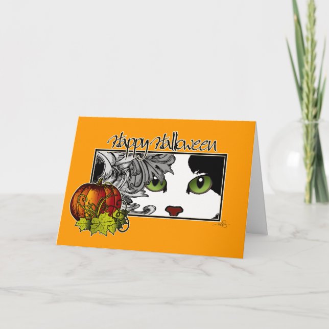 Carte Happy Halloween Noir 'n Chat Blanc (Devant)