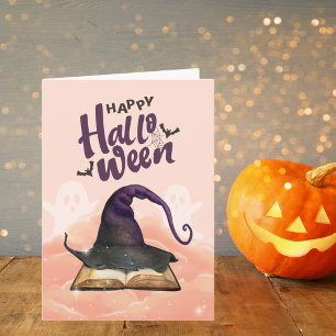 Carte Happy Halloween Watercolor Casquette et Spellbook