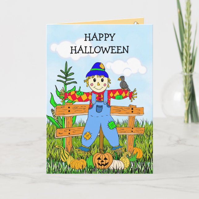 Carte Happy Halloween Whimsical Scarecrow et Citrouilles (Devant)