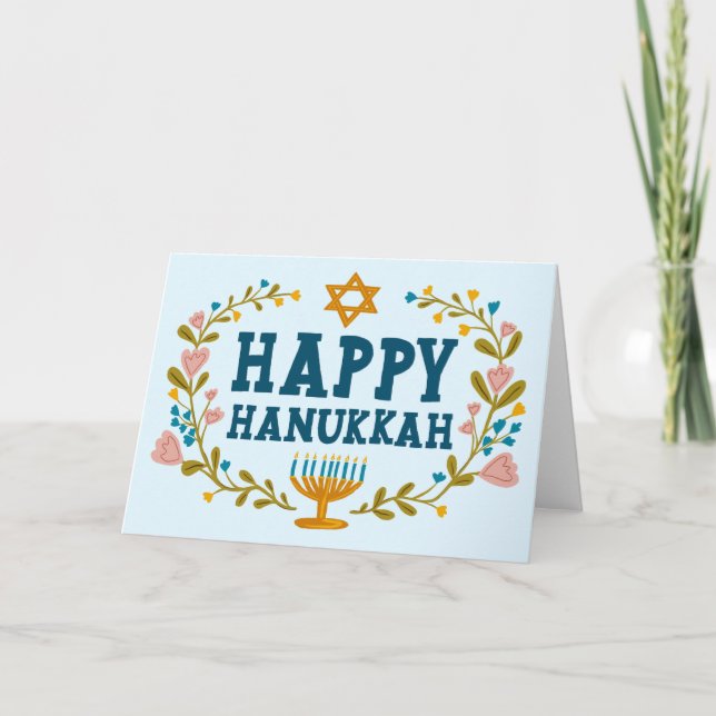 Carte HAPPY HANOUKKA floral wreath Juif Personnalisable (Devant)