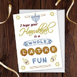Carte Happy Hanoukka tout Latke Fun drôle sur mesure<br><div class="desc">Ces cartes de voeux Hanoukka ont l'expression humoristique : "J'espère que votre Hanoukka est un vrai plaisir." Ils comprennent des dessins de dreidels, une menorah, l'Étoile de David et d'autres ornements. La palette de couleurs est gris-bleu, marsala rouge, or et marron sur blanc. Utilisez le modèle pour modifier la salutation...</div>