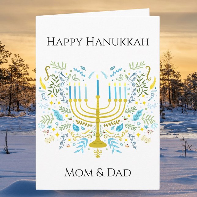 Carte Happy Hanukkah Menorah with Flowers Mom & Dad (Créateur téléchargé)
