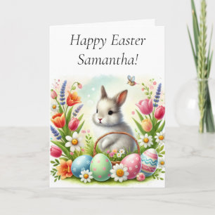 Carte Happy Hare lapin d'aquarelle de Pâques mignonne an