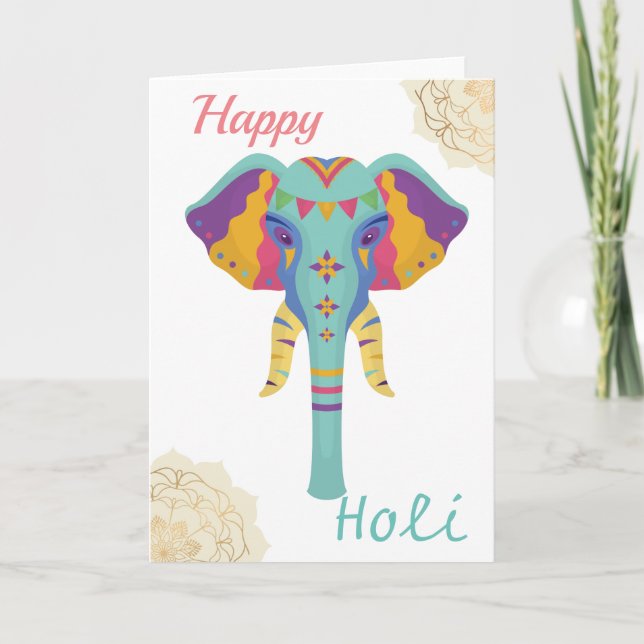 Carte Happy Holi Eléphant Coloré Avec Golden Mandala (Devant)