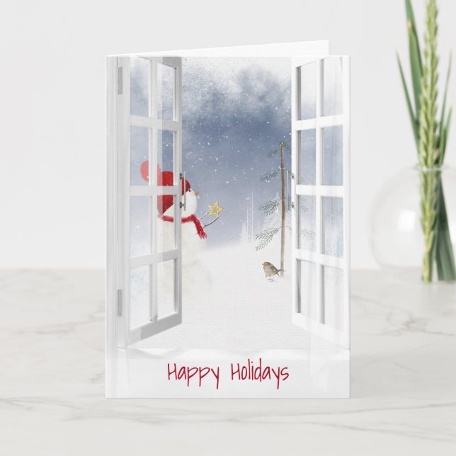 Carte Happy Holidays bonhomme de neige dans la fenêtre (Devant)