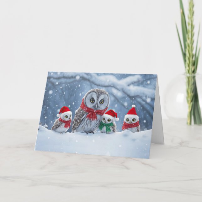 Carte Happy Holidays Christmas with Cute Owl Family Hats (Devant)