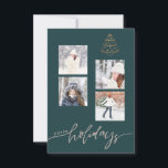 Carte Happy Holidays Gold Christmas Tree Photo Collage<br><div class="desc">Elégante photo moderne 4 carrés collage de la carte de voeux hivernale saisonnière avec un petit arbre de Noël métallique en cuivre dessiné à la main et un script de calligraphie "happy holiday" taupe gris sur un arrière - plan vert chasseur foncé. Personnalisez avec quatre photos, du texte et de...</div>