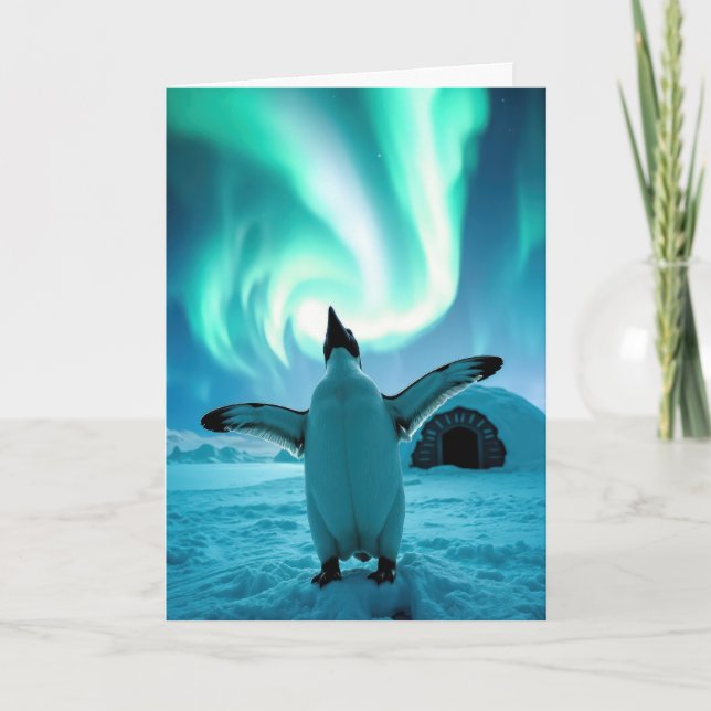 Carte Happy Holidays Penguin Under Northern Lights (Devant)