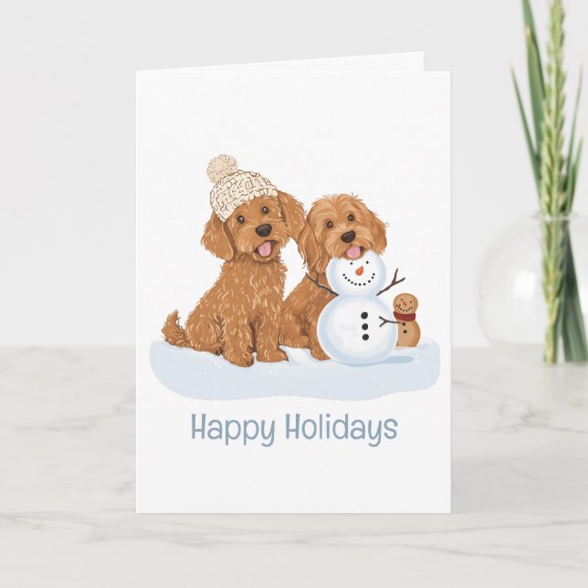 Carte Happy Holidays Winter Goldendoodle Dog Snowman (Devant)