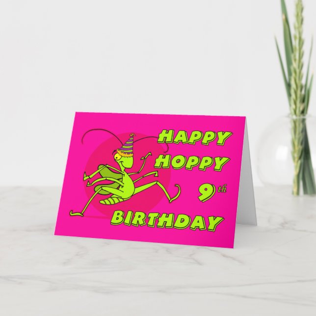 Carte Happy Hoppy 9e anniversaire avec Grasshopper et Ca (Devant)