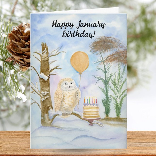 Carte Happy January Birthday Barred Owl with Cake (Créateur téléchargé)