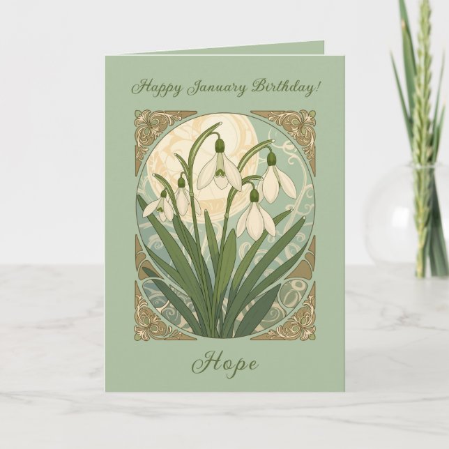 Carte Happy January Birthday Galanthus Flowers Art Nouve (Devant)