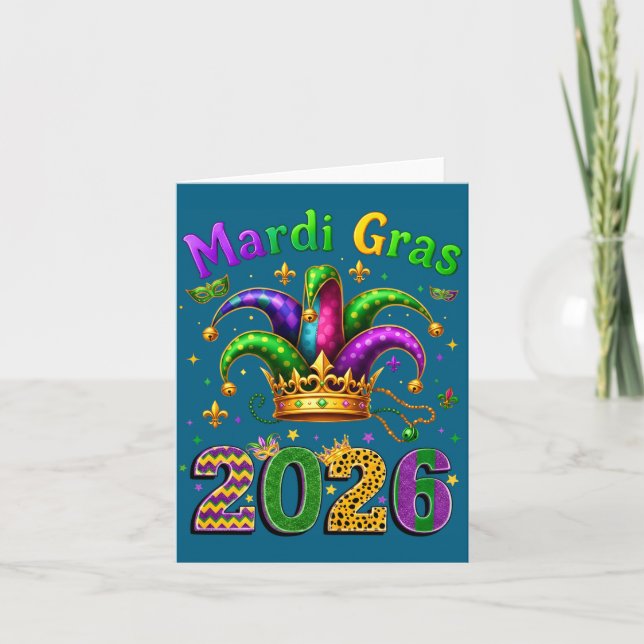 Carte Happy Mardi Gras 2026 Jester Hat Men Women Kid Car (Devant)