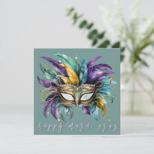 Carte Happy Mardi Gras Masque à plumes en vert