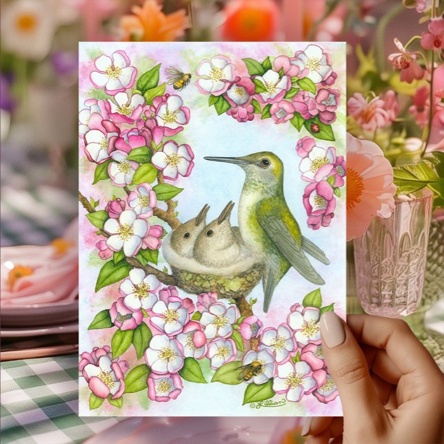 Carte Happy Mothers Day Hummingbird Pink Blossoms (Happy Mother's Day Hummingbird at the nest with cherry blossoms, honey bees, and ladybug. )
