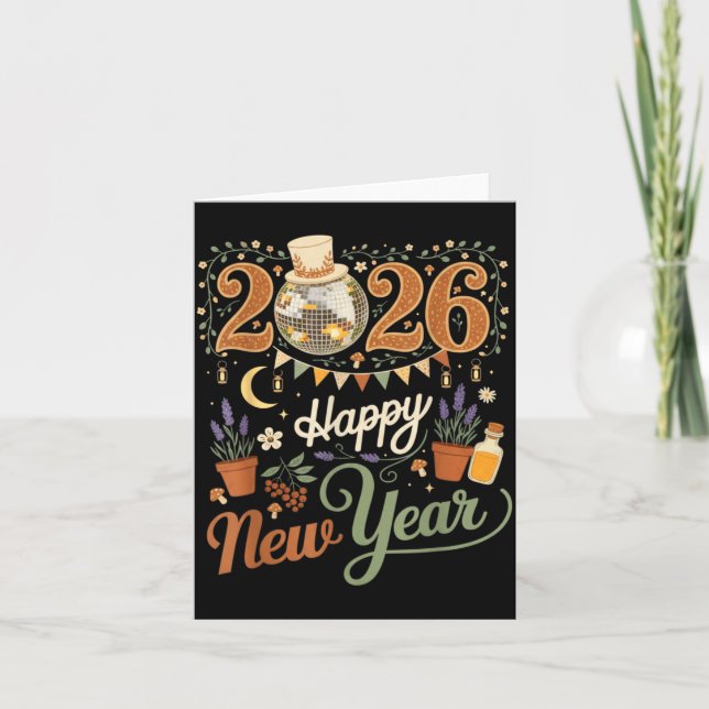 Carte Happy New Year 2026 Cottagecore Disco Mushroom Nat (Devant)