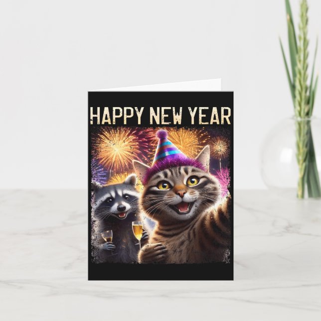 Carte Happy New Year 2026 Cute Cat Raccoon Celebration  (Devant)