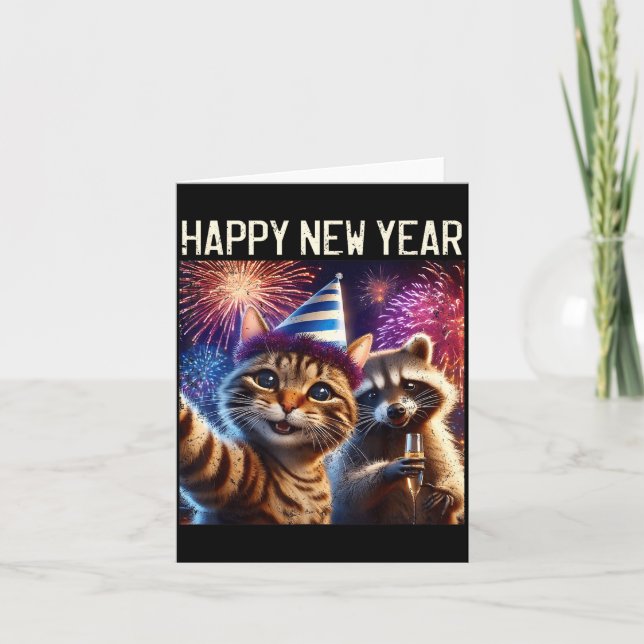 Carte Happy New Year 2026 Cute Cat Raccoon Celebration  (Devant)
