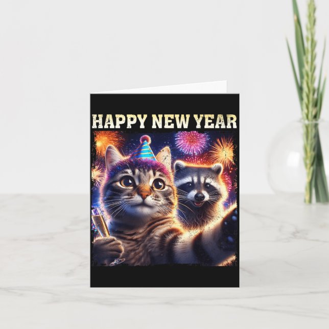 Carte Happy New Year 2026 Cute Cat Raccoon Celebration  (Devant)