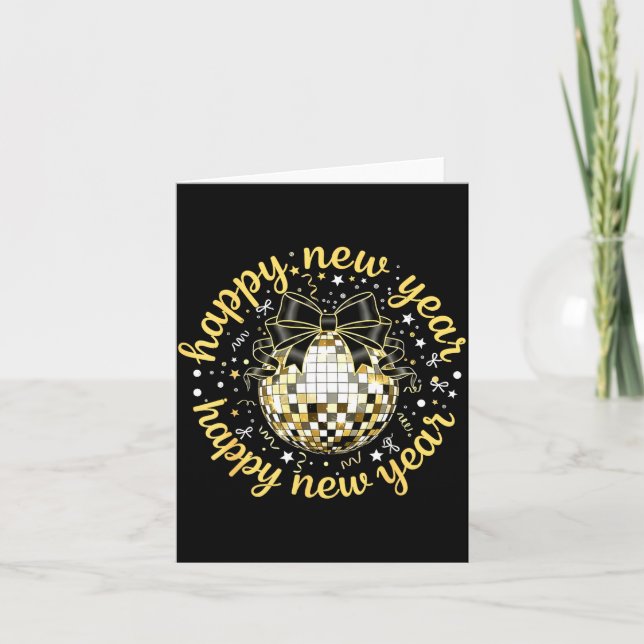 Carte Happy New Year 2026 Disco Ball Gold Bow Coquette C (Devant)