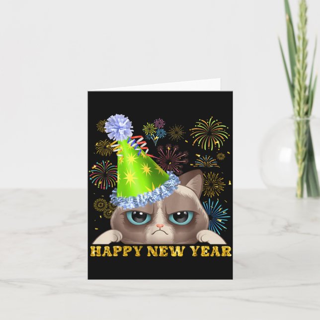 Carte Happy New Year 2026 Funny Cat New Year's Eve Hat G (Devant)