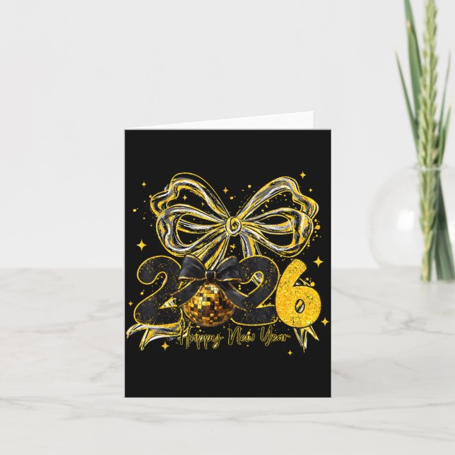 Carte Happy New Year Cute Gold Disco Ball Bow New Year's (Devant)