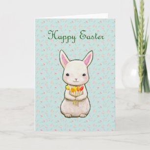 Carte Happy Pâques mignonne lapin blanc avec fleurs Prin