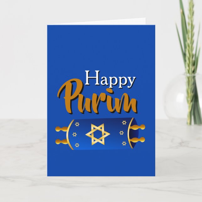 Carte Happy Purim Greeting Card - Blue Gold Torah Scroll (Devant)