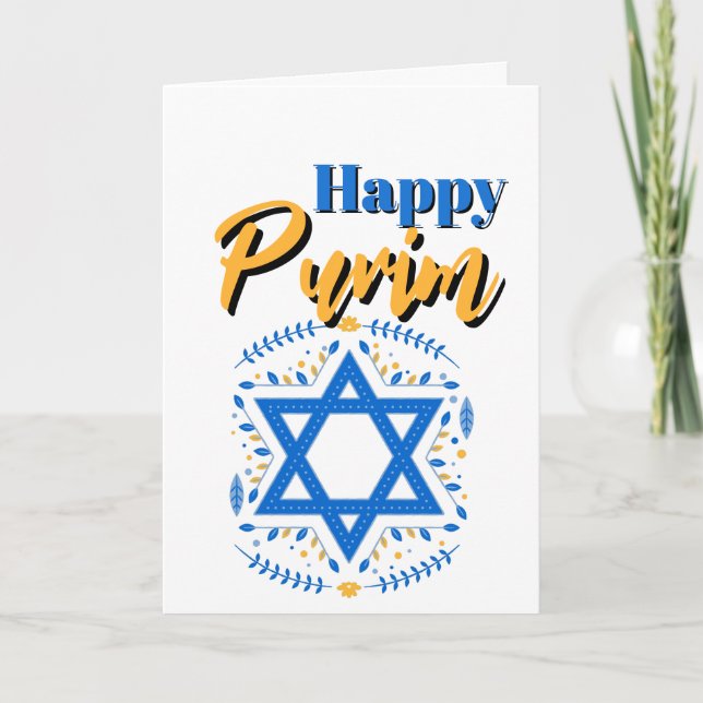 Carte Happy Purim Greeting Card - White Blue Yellow Star (Devant)
